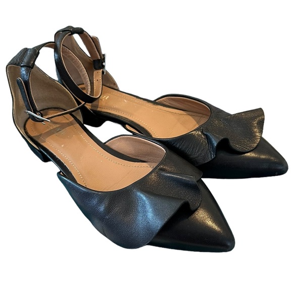 Lewitt Italy Alessia Ruffle Point Toe Ankle Strap Black Leather Flats 35 5 - Picture 4 of 16